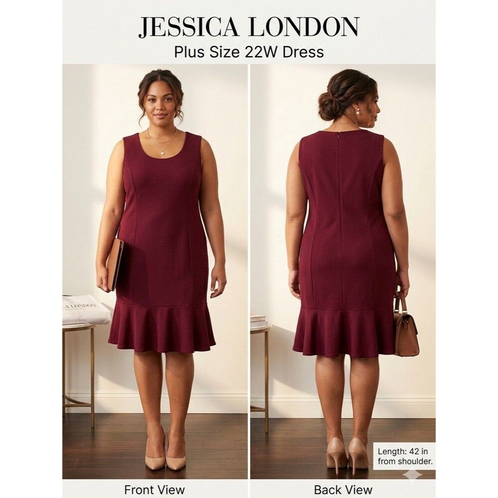 Jessica London 22W Plus Size Burgundy Ponte Sheath Dress Flounce Hem Corporate